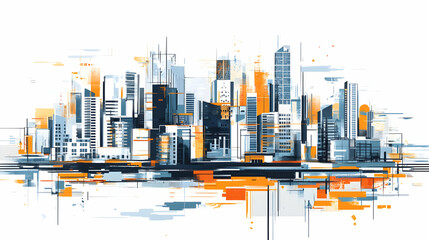 Obraz premium Abstract illustration of a modern city skyline with blue, grey and orange colors.