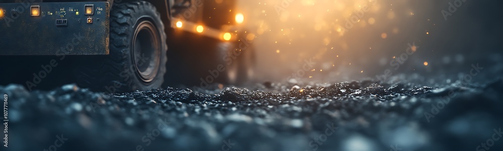 Aufkleber a close-up of a vehicle tire on a gravel surface, illuminated by a warm glow, with scattered particl