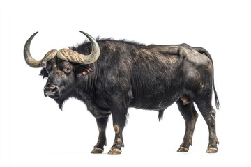 Fototapeta premium A large black African buffalo with long curved horns stands against a white background.