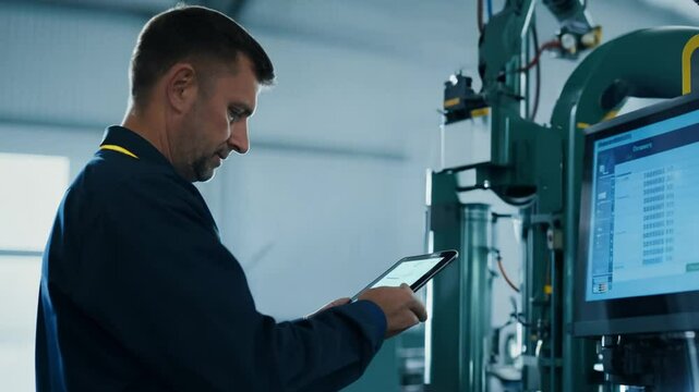 White Male Engineer Using Tablet to Monitor Machines Indoors Generative AI