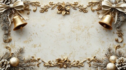 Rich antique gold invitation card, decorated with bells and ribbons, with a retro holiday backdrop and soft cream tones. Classic and festive design, full of nostalgic warmth, delicate texture