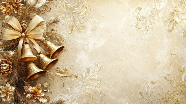 Rich antique gold invitation card, decorated with bells and ribbons, with a retro holiday backdrop and soft cream tones. Classic and festive design, full of nostalgic warmth, delicate texture