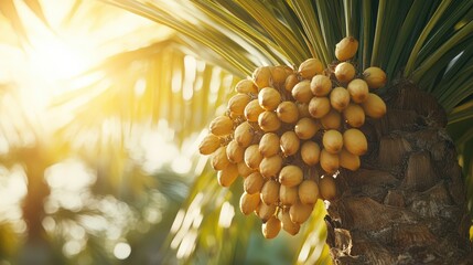 Golden Fruits Clustered on Palm Tree in Afternoon Light