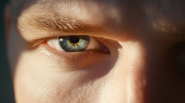 A close-up of a person's eyes focused on a tiny, fuzzy object in the distance, symbolizing myopia
