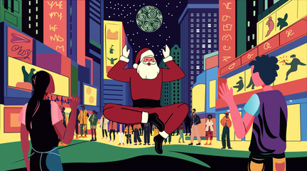 Obraz premium Santa levitating in city street scene Christmas magic colorful urban night with crowd buildings stars whimsical festive atmosphere digital art