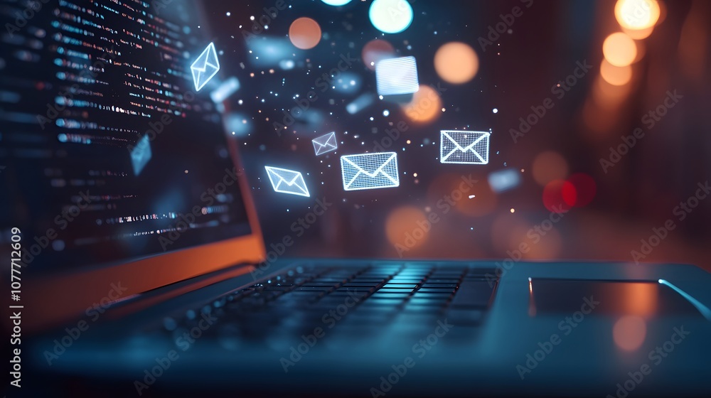Poster a laptop with glowing email icons hovering above the keyboard, representing digital communication an