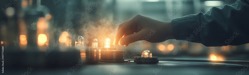 Poster a person lights a candle, illuminating a dimly lit space filled with various glass containers, creat