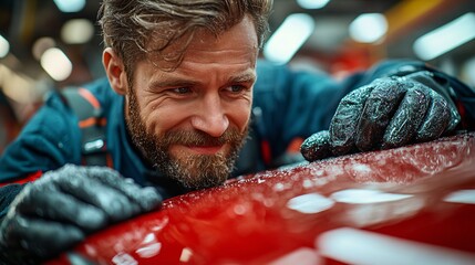 Man lovingly admiring and caressing the hood of a red car in a garage, conveying themes of passion,