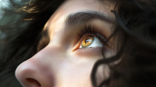 A close-up of a person's eyes focused on a tiny, fuzzy object in the distance, symbolizing myopia
