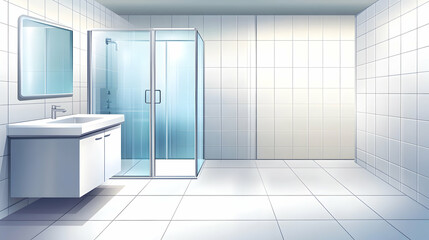 Modern bathroom with white tile walls, a glass shower, a sink, and a mirror.