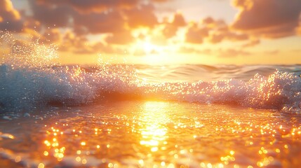 A serene sunset over the ocean, with waves sparkling in golden light.