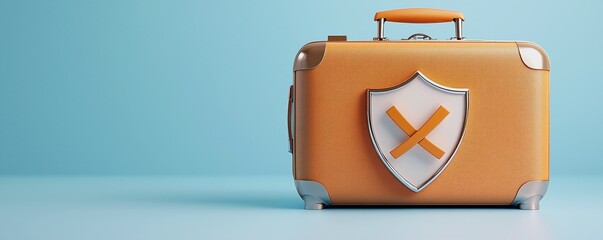 A stylish orange suitcase with a distinctive shield design sits against a soft blue backdrop, symbolizing travel and protection. Travel insurance cover 