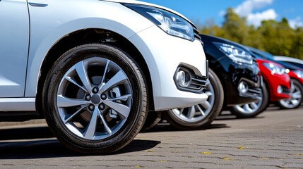 Various cars parked side by side in a row under a clear blue sky on a sunny day in a dealership lot