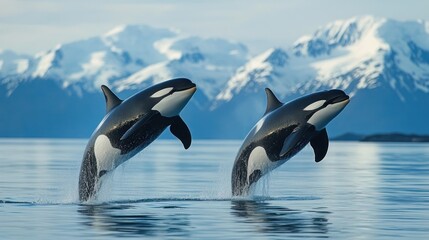 Obraz premium Two killer whales jumping out of the water with the snow mountains in the background.