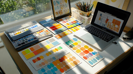 A desk with a laptop, color swatches, and a tablet with a design project on it.