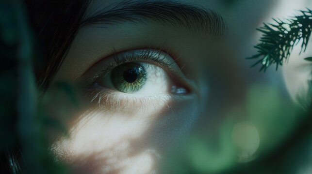 A close-up of a person's eyes focused on a tiny, fuzzy object in the distance, symbolizing myopia
