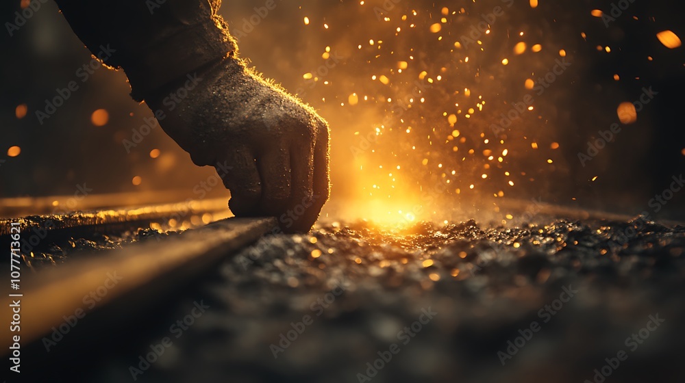 Poster a close-up of a hand working with metal, creating sparks against a dark, atmospheric background, cap