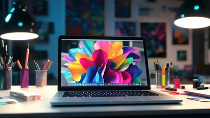 A laptop computer on a desk with colorful pencils, a notebook, and a colorful abstract flower wallpaper on the screen.