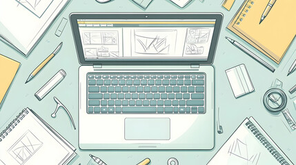 A laptop computer with a blank screen surrounded by design and drawing tools on a light blue background.