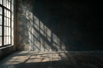 A ray of light illuminates a dark room, casting shadows on the rough brick walls and wooden floor.