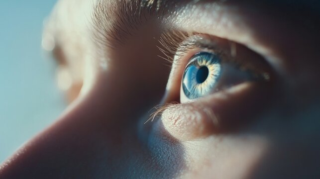 A close-up of a person's eyes focused on a tiny, fuzzy object in the distance, symbolizing myopia
