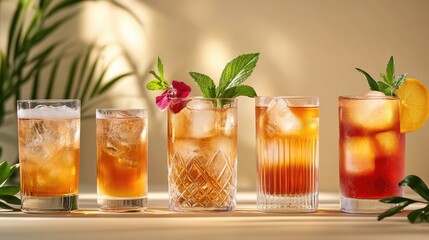 Five glasses of iced tea with various garnishes, including mint, lemon, and flowers,  on a wooden table, with tropical shadows in the background.