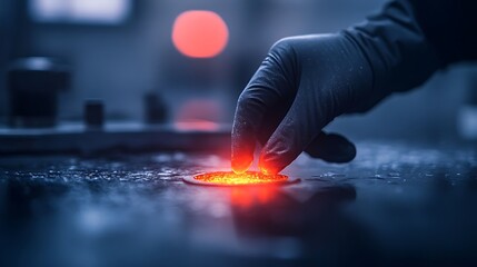 A hand in a glove interacts with a glowing red material on a surface, suggesting a process involving heat or energy in a lab or workshop setting.