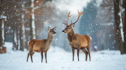 A male and female deer stand in a snowy forest, looking at each other.