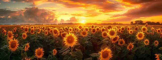 Sunset Over Sunflower Field in Full Bloom