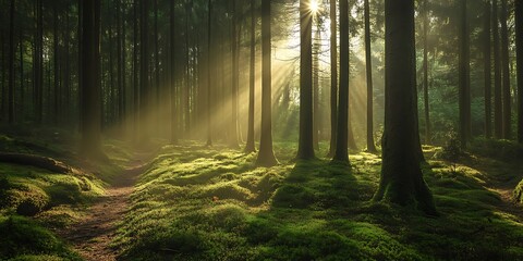 Obraz premium Sunbeams through the trees in a mossy forest