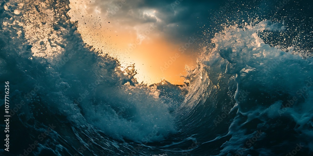 Poster underwater view of large breaking wave with sunset in background