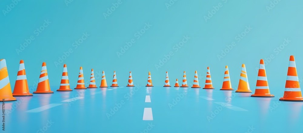 Aufkleber a row of traffic cones line up on a blue background, creating a sense of order and direction.