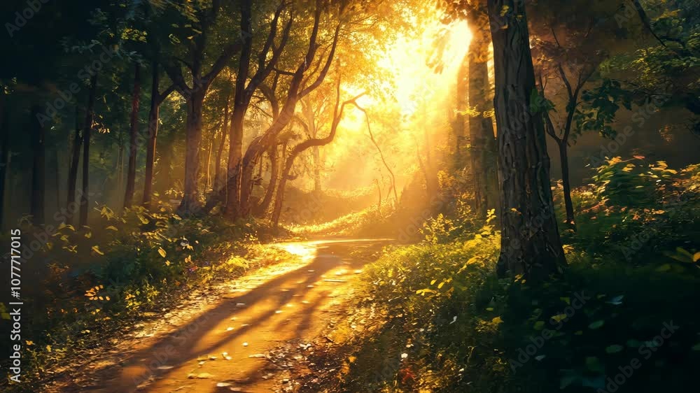 Poster forest path with sunlight filtering through trees