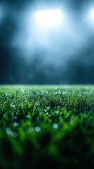 Naklejka premium Fresh green grass glistens with dew under bright stadium lights, creating vibrant and atmospheric scene. mist adds dramatic touch to sports field
