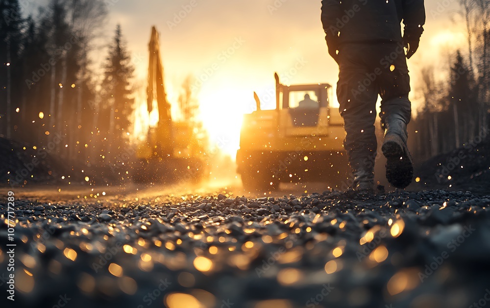 Poster a person walks along a gravel path with a construction vehicle in the background, illuminated by a w