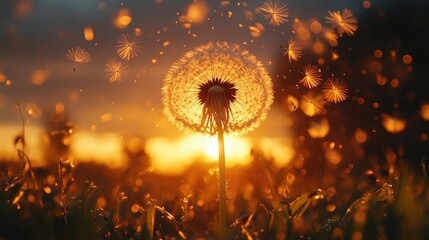 A dandelion with seeds blowing in the wind at sunset.