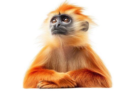 A red-shanked douc langur monkey with orange fur and a black face sits with its arms folded, looking up.