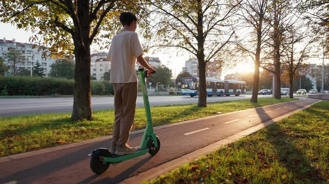 Young man rides an electric scooter along tree-lined path at sunset autumn, showcasing eco-friendly urban transportation. Serene scene highlights sustainable mobility and outdoor recreation. Lifestyle