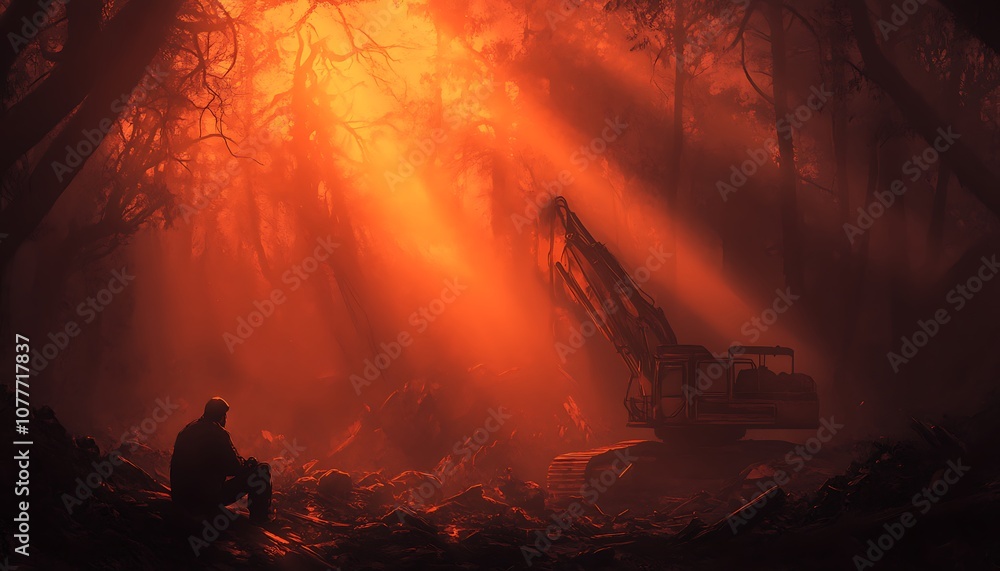 Aufkleber a mysterious scene with a figure sitting in a forest illuminated by dramatic orange light and a heav