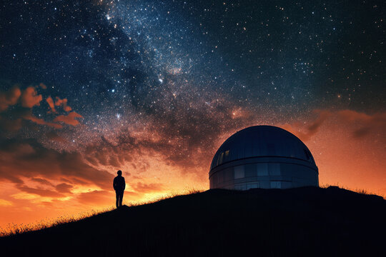 Silhouetted observer at sunset near an observatory under a starry sky with a breathtaking view of the Milky Way galaxy.