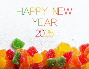 Happy new year  text and colorful sweet gummies on background.