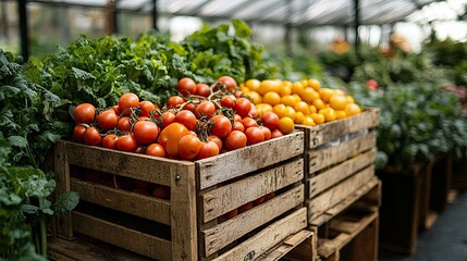 Fresh red tomatoes and yellow lemons in wooden crates at a farmers market.