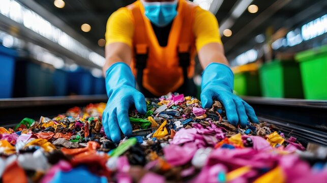 A dedicated worker sorts through vivid piles of plastic waste at a facility, highlighting recycling efforts by capturing the challenging yet hopeful process.