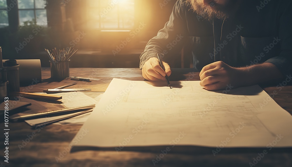Poster a person is drawing on large paper in a well-lit workspace, surrounded by pens, creating sketches or