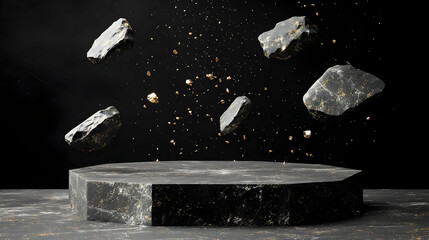 Black Marble Podium With Floating Rocks And Gold Dust - 3D Illustration