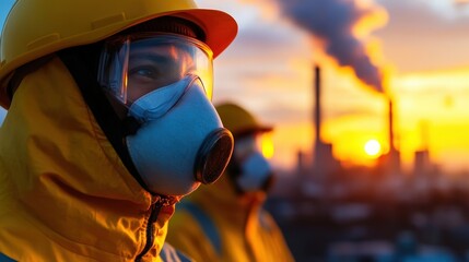 A worker in a protective mask and yellow attire stands vigilant against a backdrop of industrial chimneys, emphasizing safety and environmental consciousness.