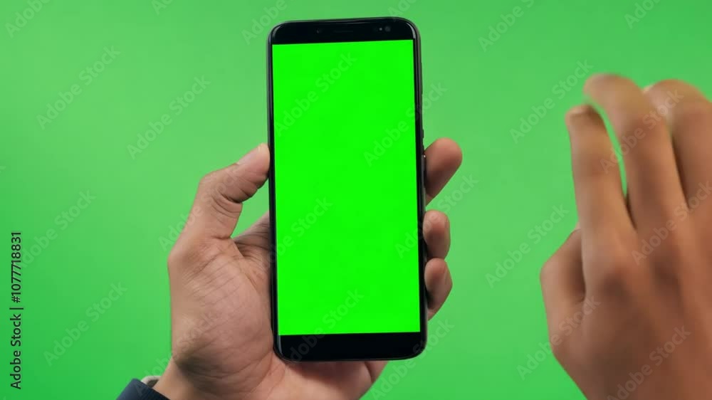 Poster man using smartphone with green screen display for touch interaction generative ai