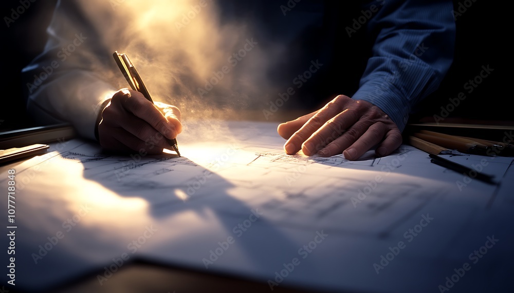 Poster A hand writes on a illuminated document, surrounded by a misty atmosphere, capturing a moment of focus and creativity.