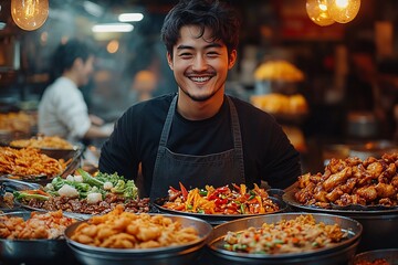 Boy with Down syndrome working in restaurant kitchen. smiling. Inclusion. diversity. equal opportunity employment concept.