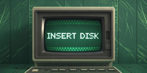 OldSchool Matrix A dark green screen shows a retro computer interface with the message Insert Disk in a blocky font. Above it marbled pixel patterns subtly animate reminiscing an